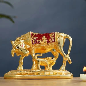 Kamdhenu Cow and Calf Sculpture - 24K Gold Plated with Red Accents (3.5 Inch)